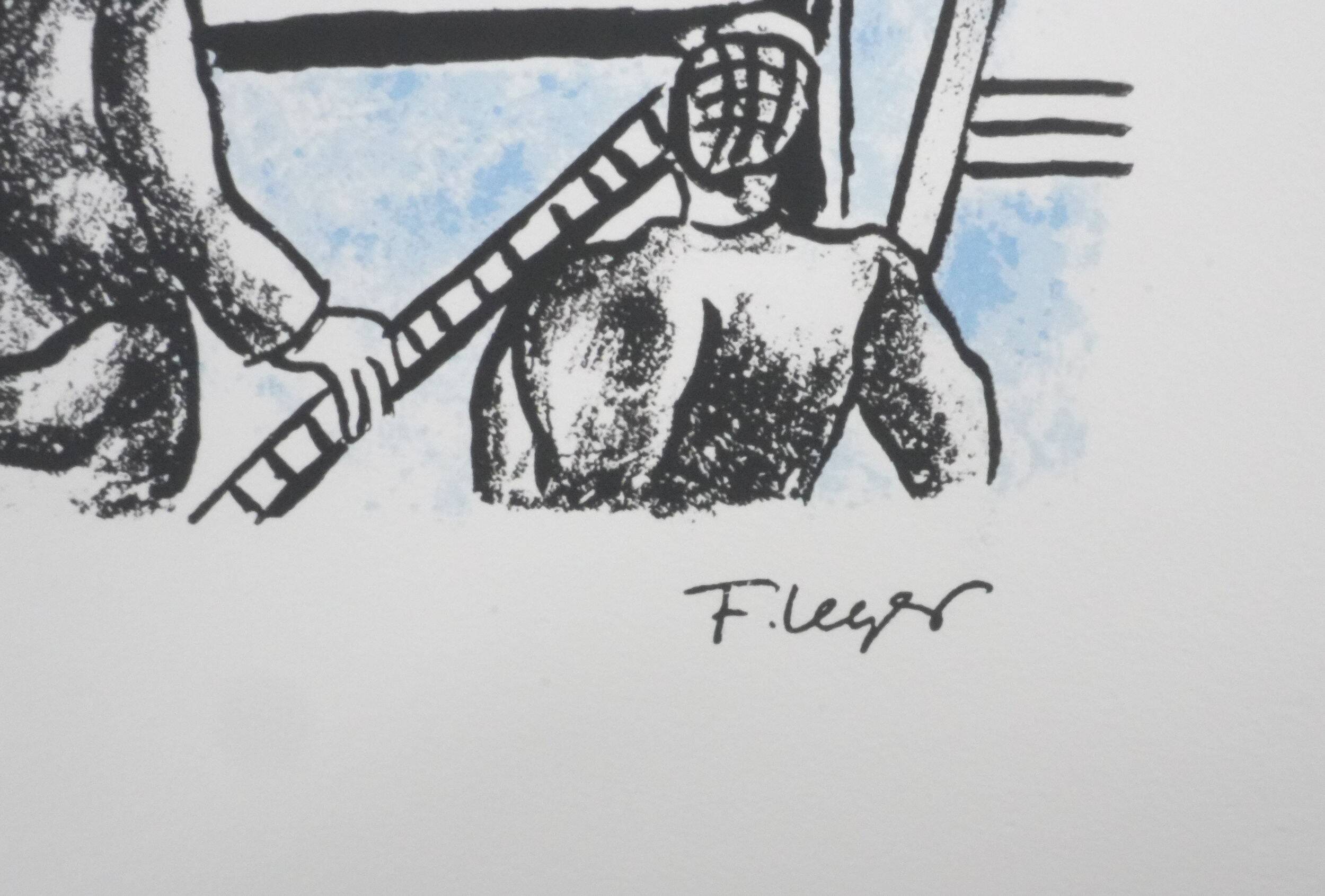 Fernand leger : les constructeurs (bleu), lithographie signée