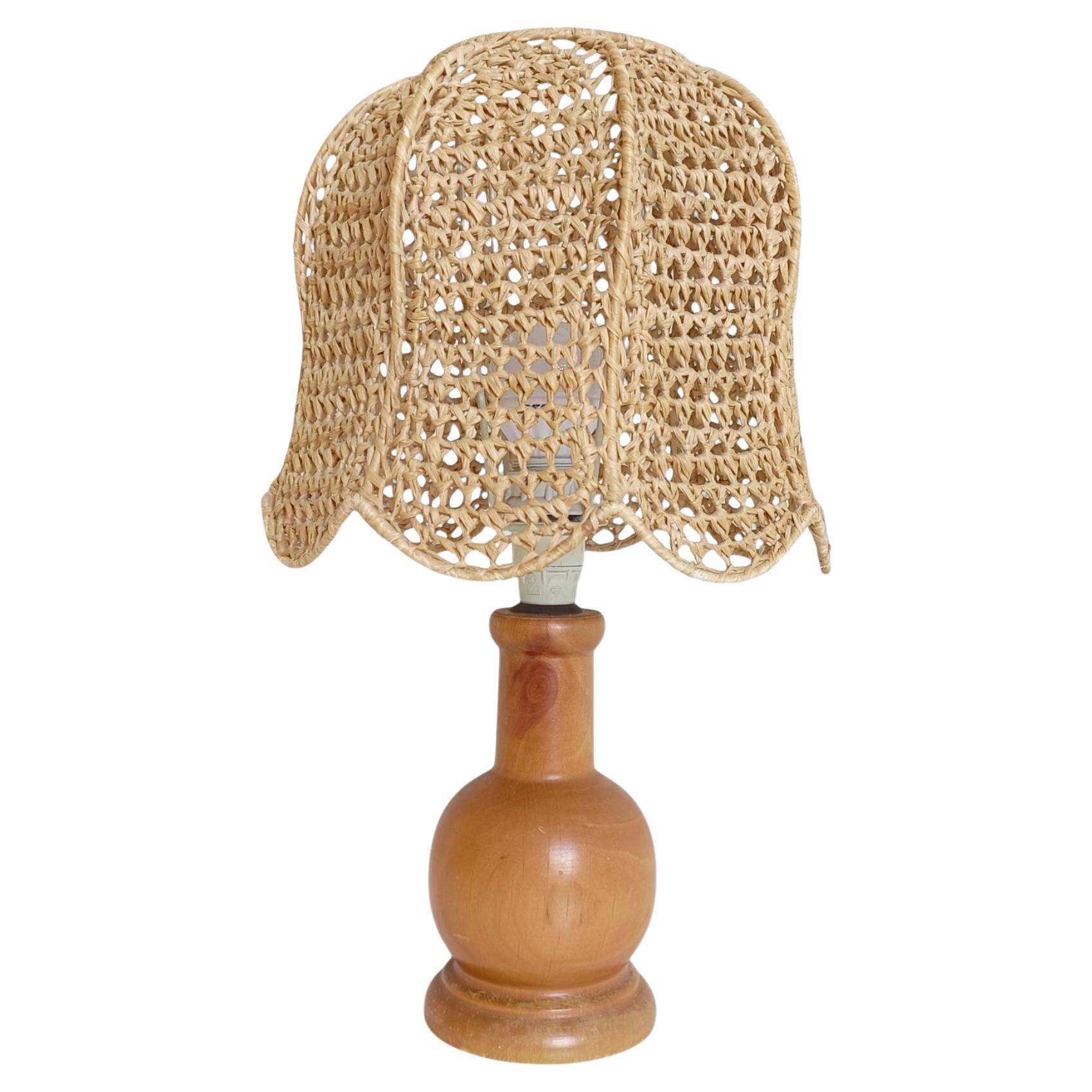 Mid-Century Bohemian Table Lamp, Pine Wood & Raffia, Italy, 1970s