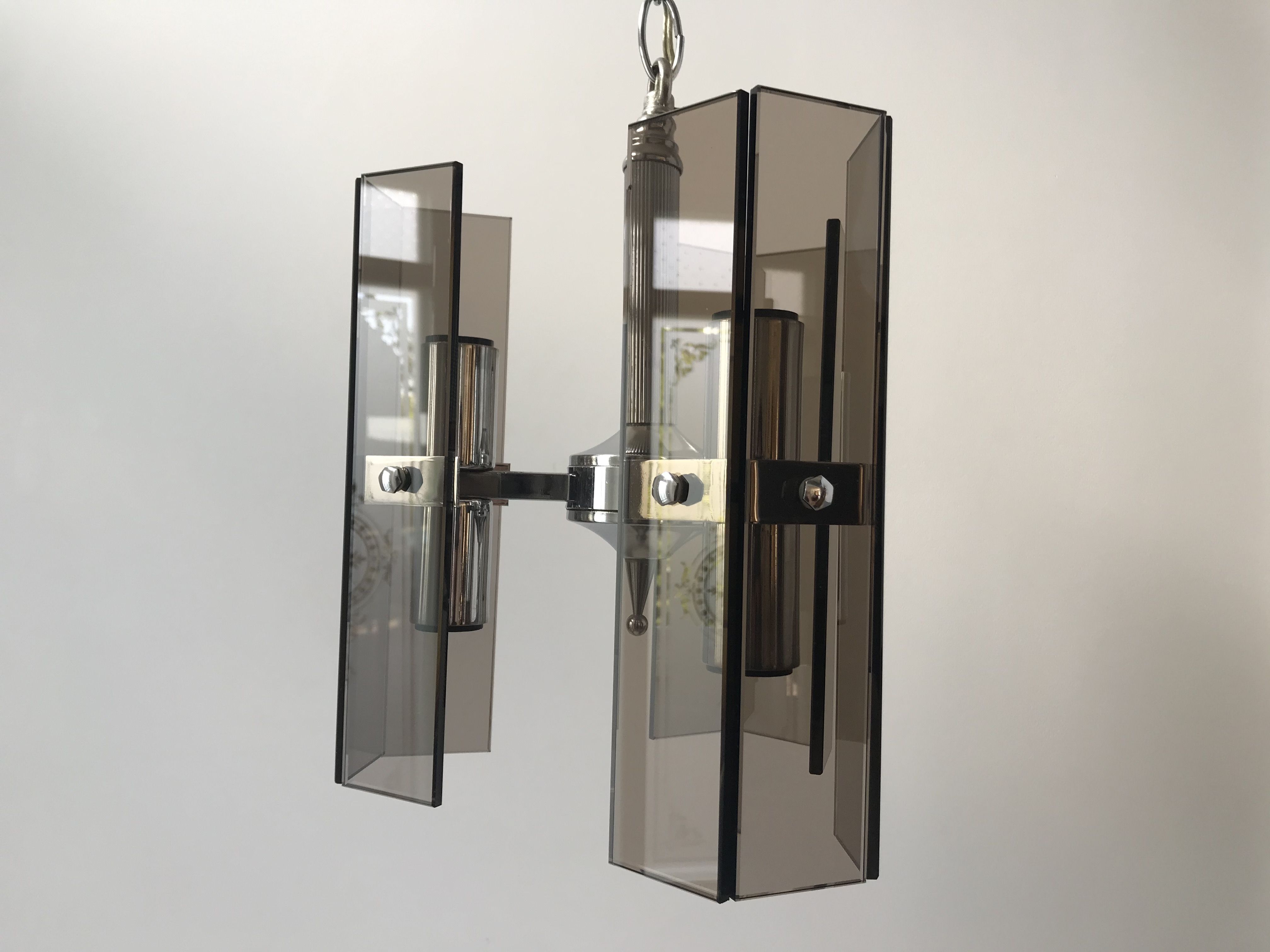 Chrome metal pendant lamp and smoked glass futuristic style 70s