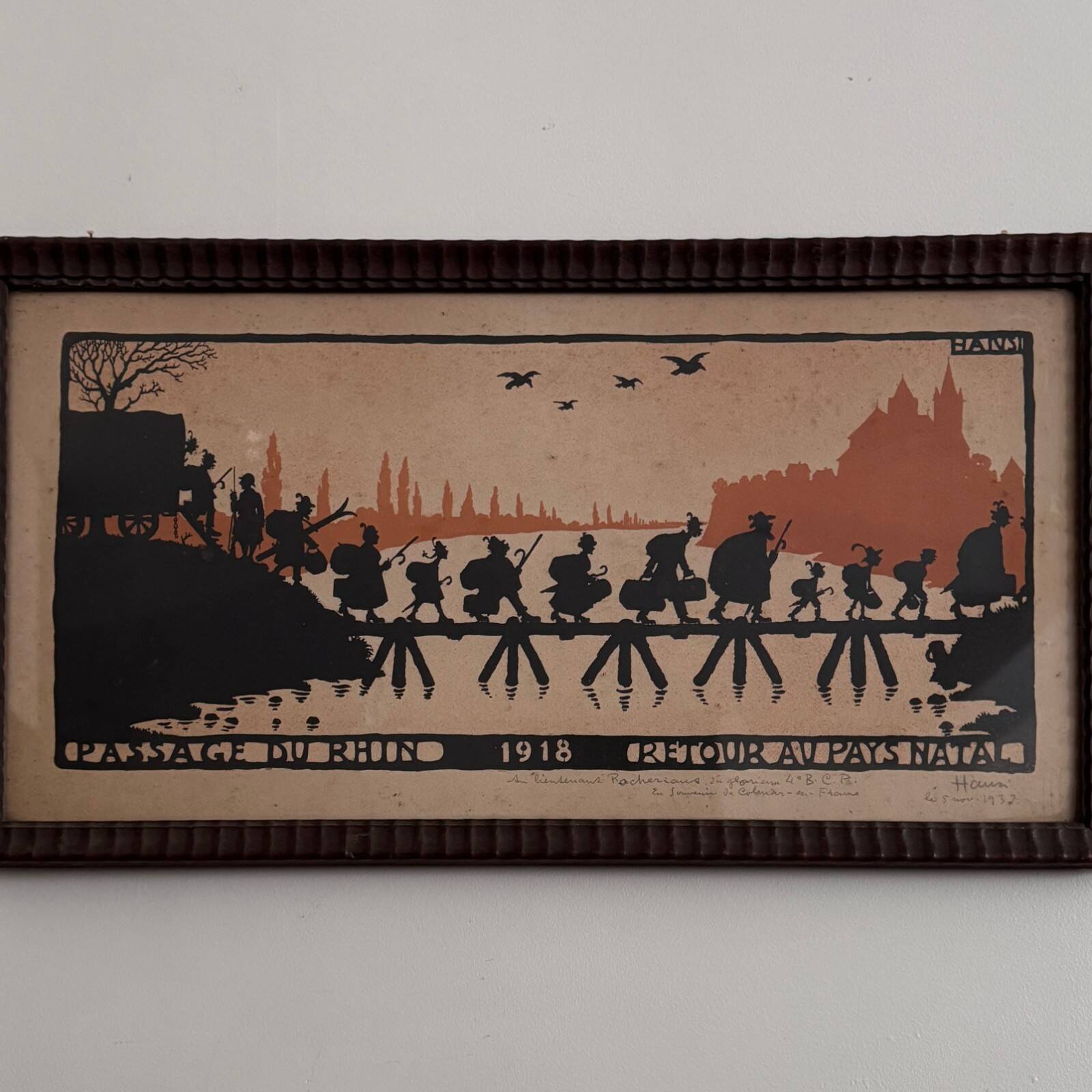 Color lithograph by Hansi Crossing the Rhine 1918