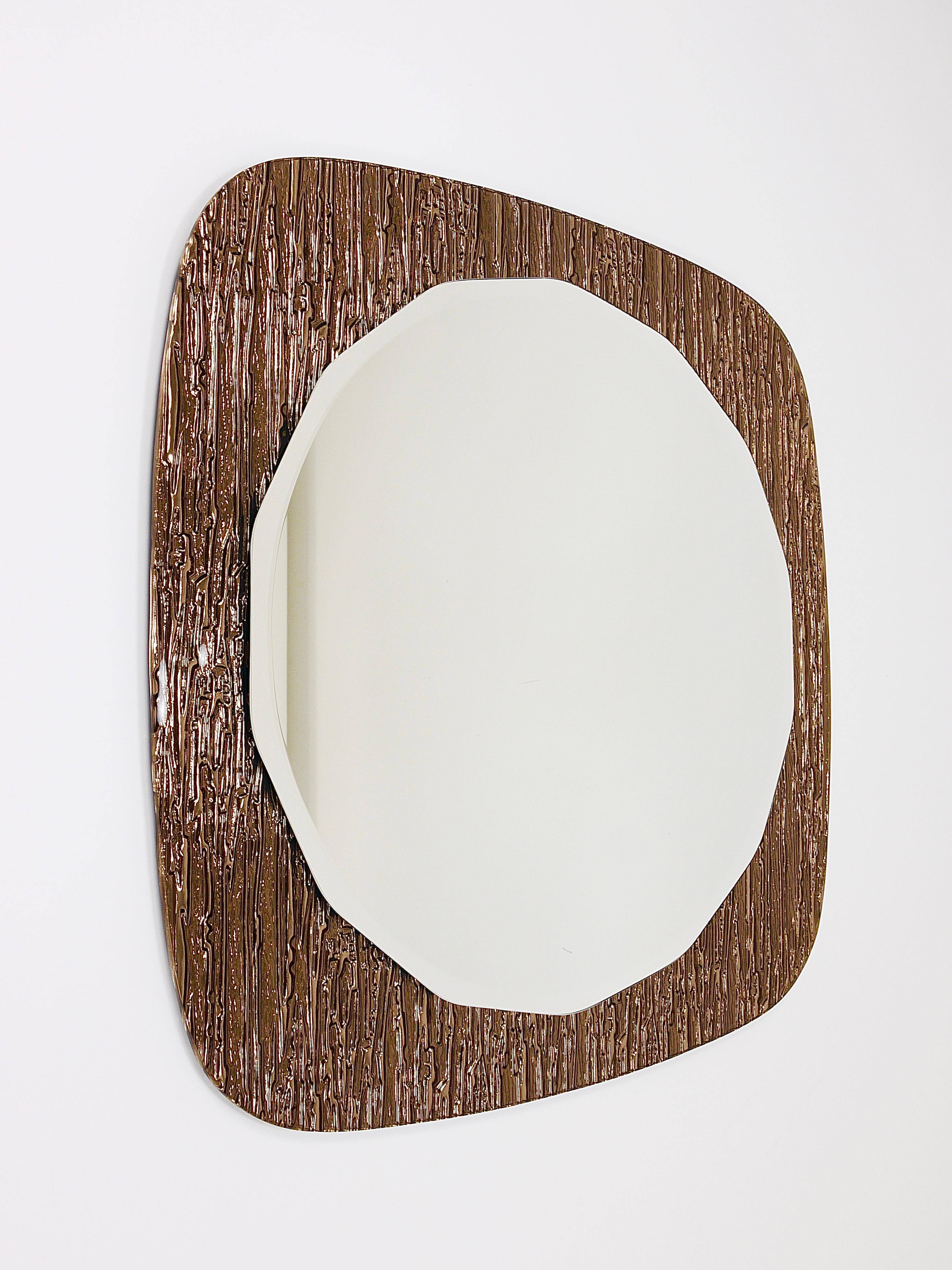 Crystal Art Sculpted Textured Wall Mirror Gold Bronze Mid-Century, Italy, 1960s