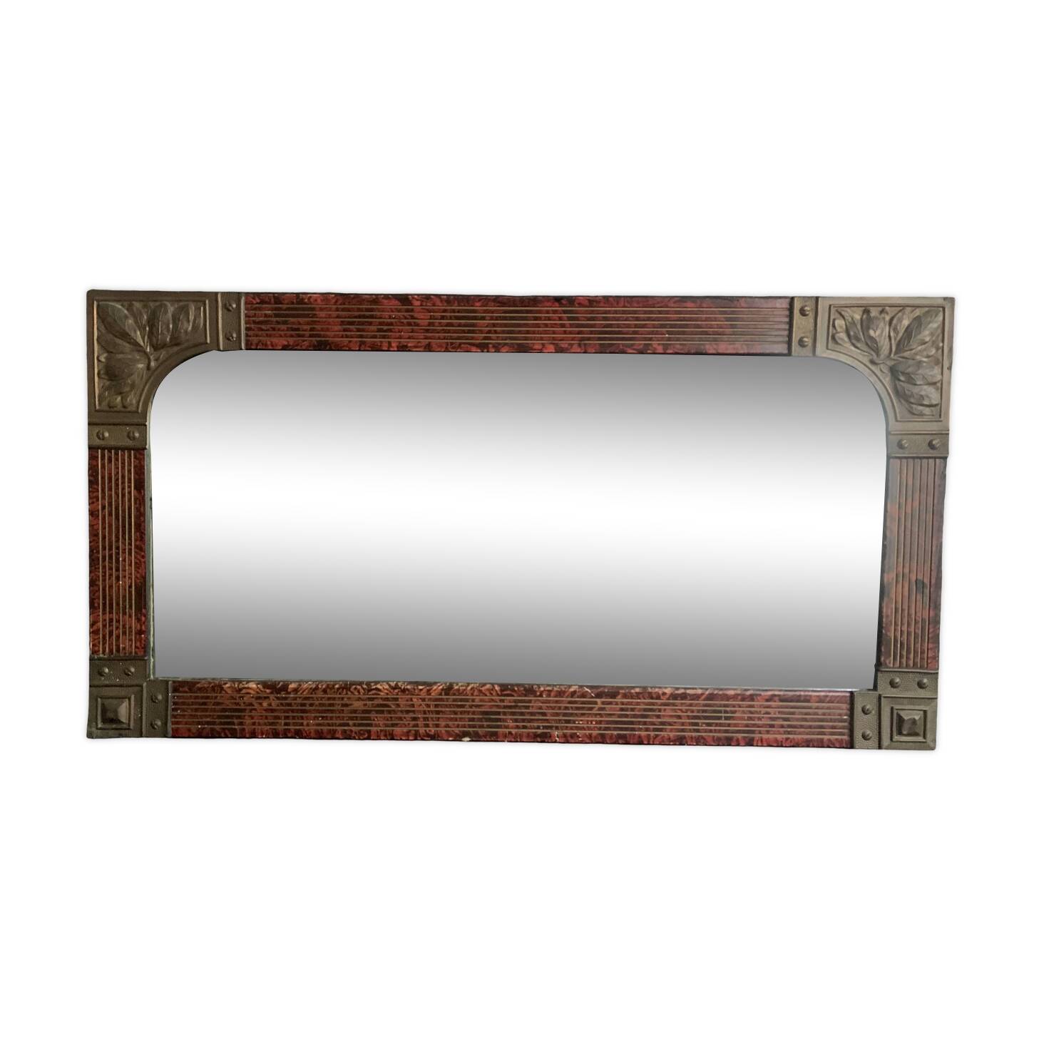 Hand painted art nouveau mirror decorated with chiseled brass, french mercury mirror from the 1920s