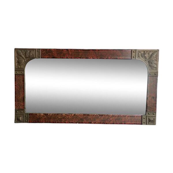 Miroir art nouveau peint à la main orné de laiton ciselé, miroir français au mercure des années 20