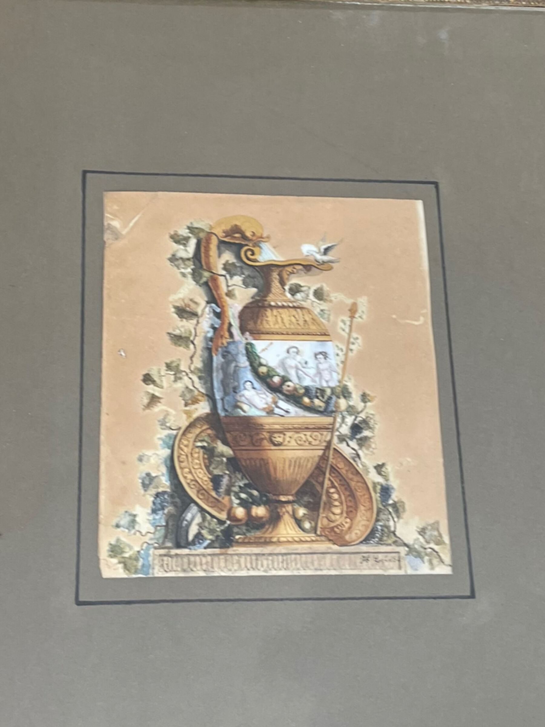 Watercolor XIXth Fountain at Antique Signed H. Lozé