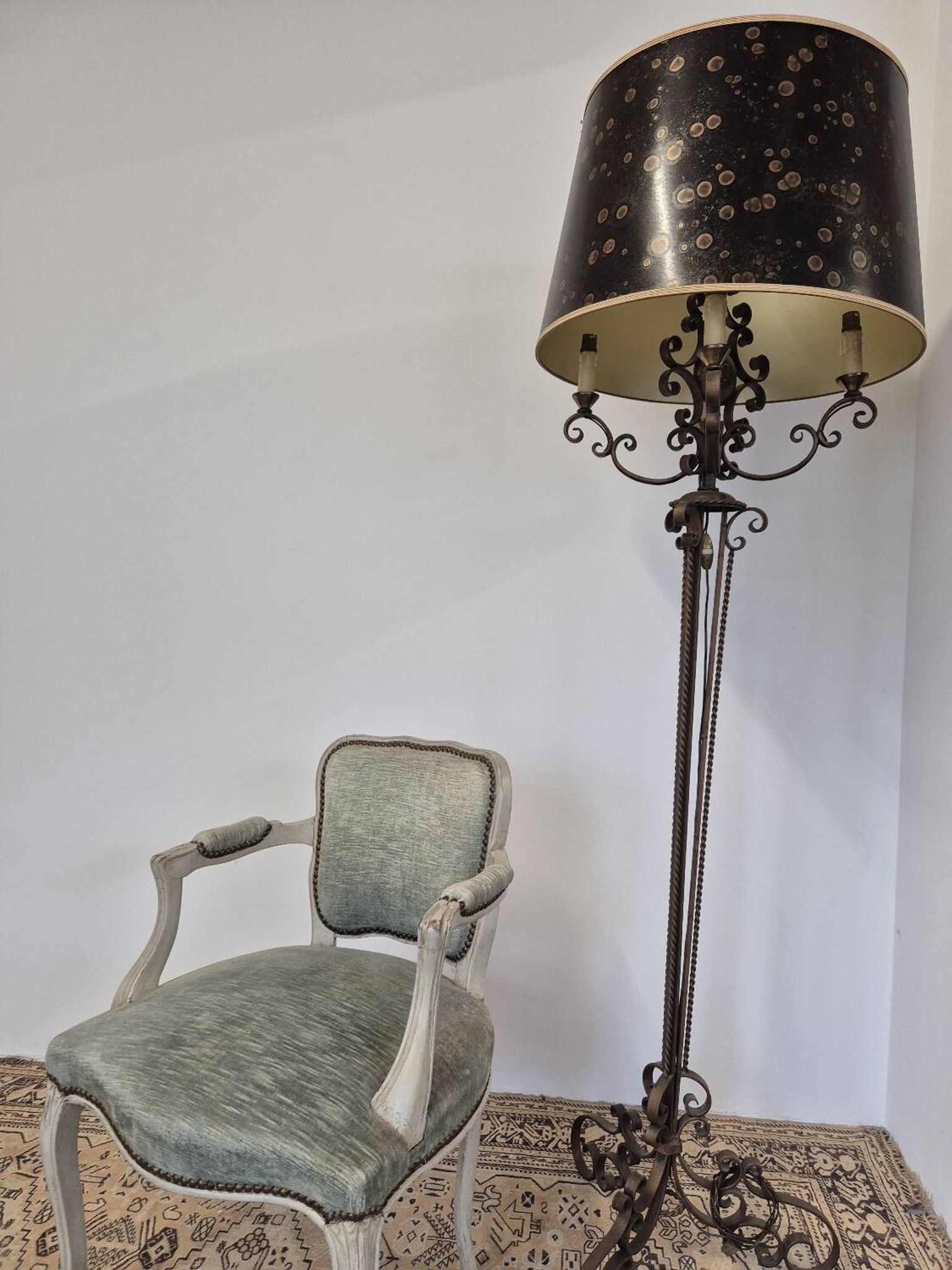 Louis XV style cabriolet armchair in patinated wood and velvet