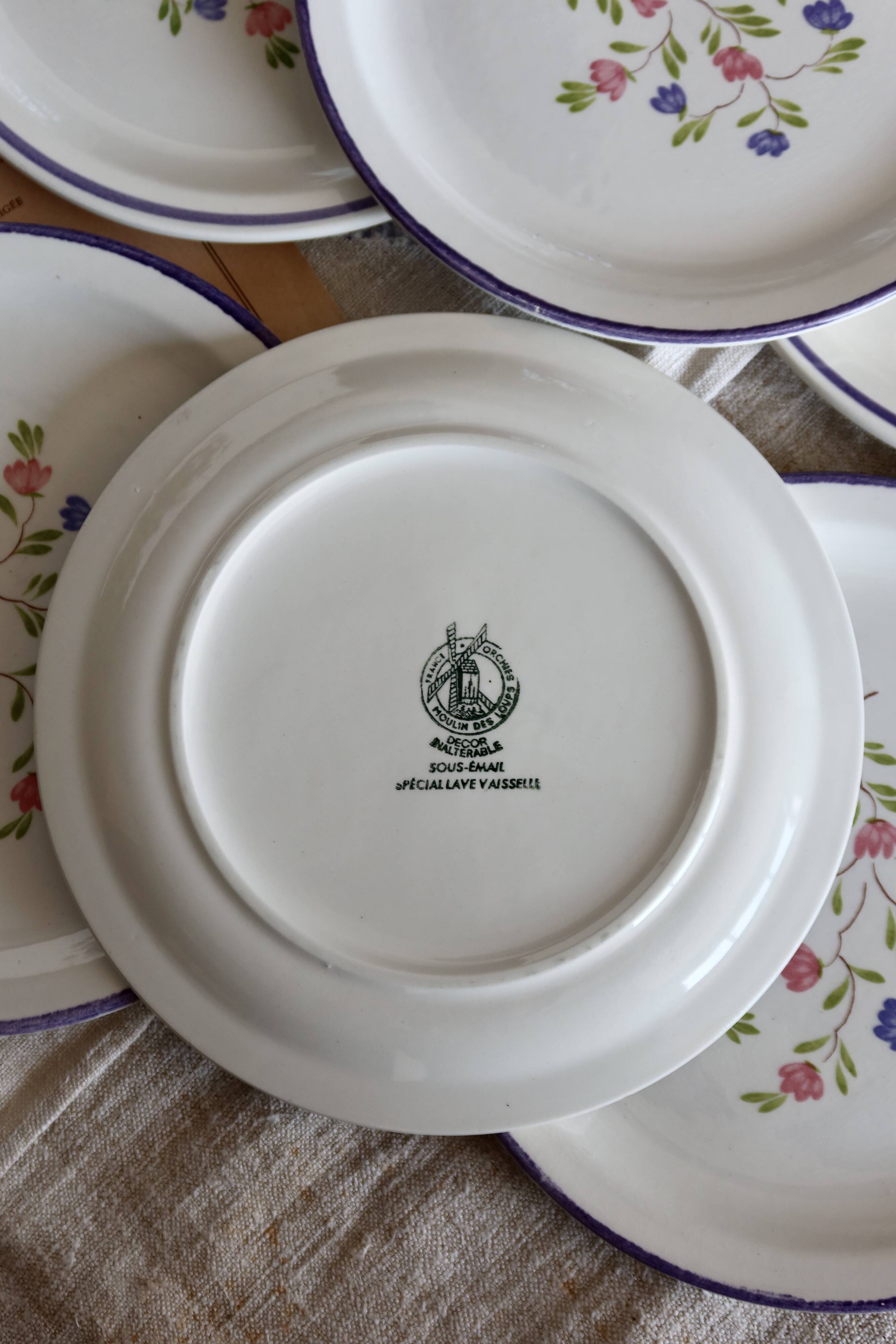 6 vintage porcelain dessert plates Moulin des Loups lilac floral pattern