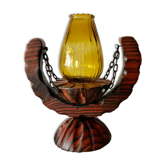 Tealight candle holder in wood and amber glass, vintage