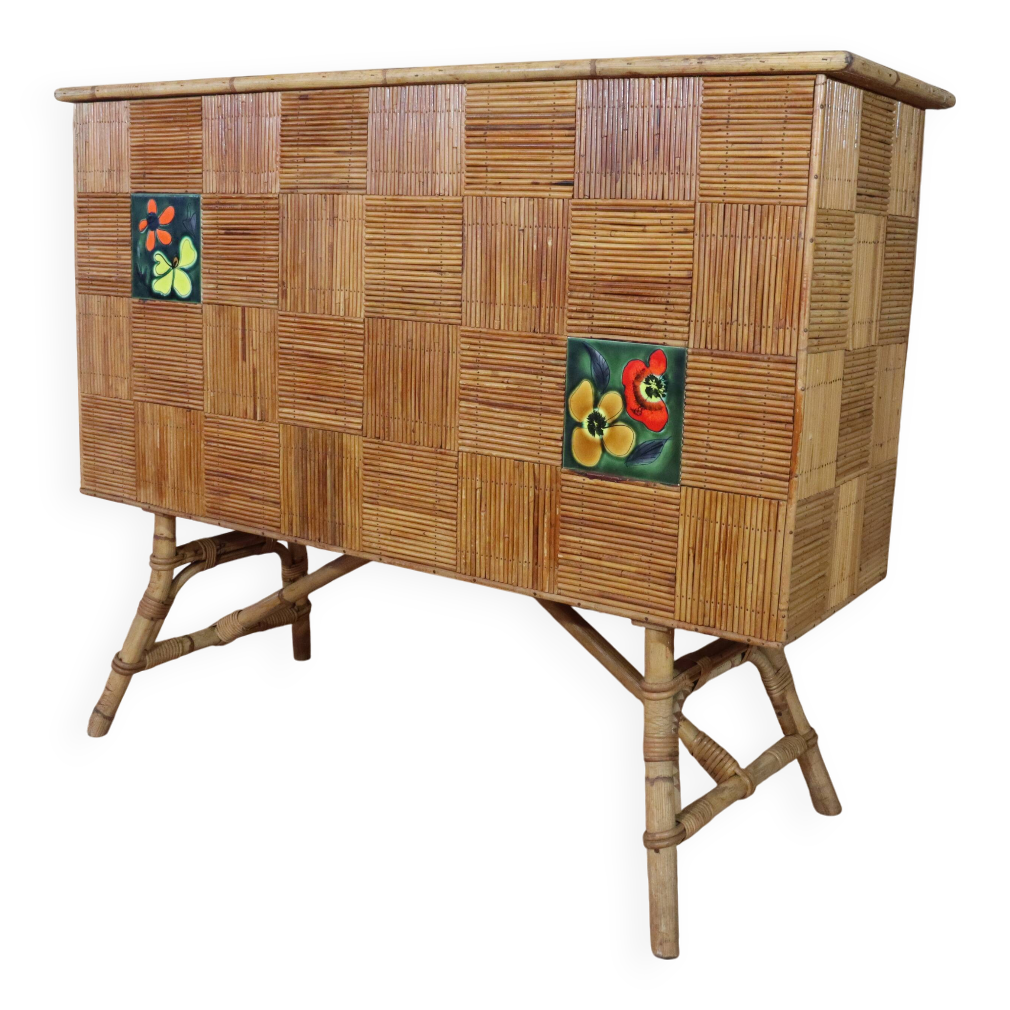 Rattan & ceramic bar attributed to Audoux Minet