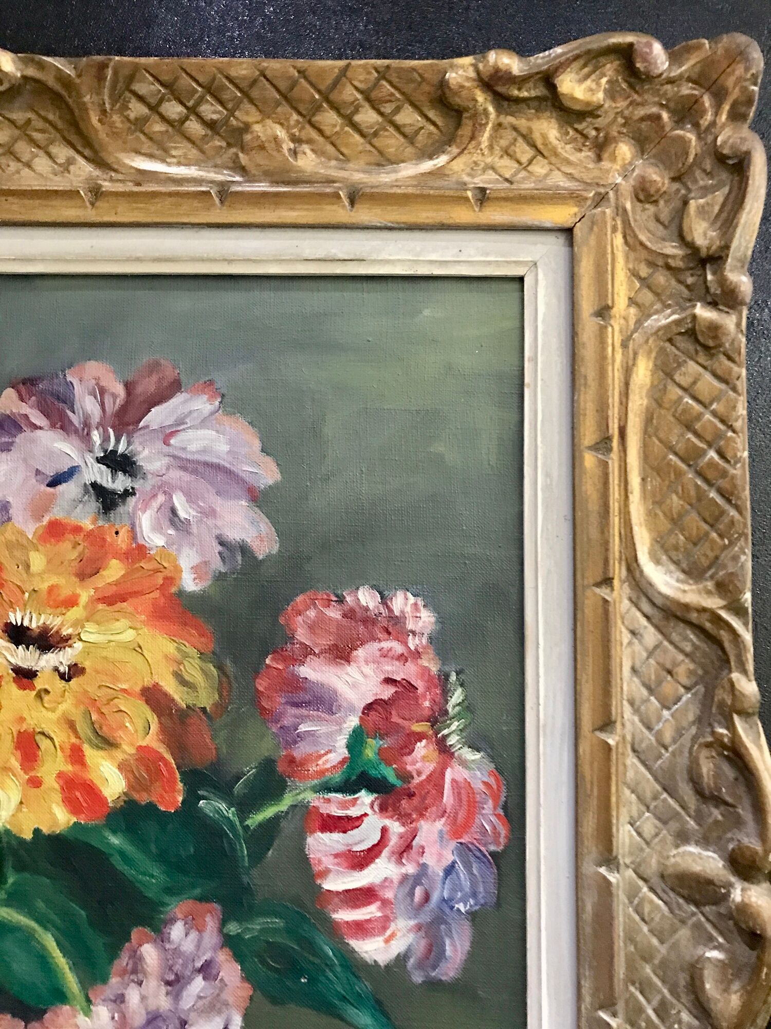 Huile ancienne sur toile bouquet de fleurs Zinnias