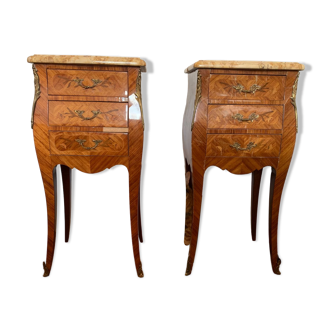 Pair of classic bedside tables, Louis XV style, wood and marble (set of 2)