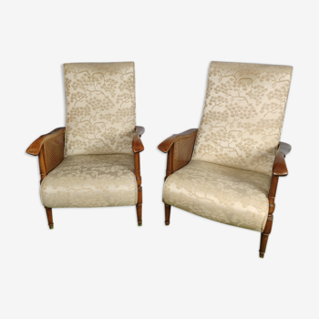 Paire de fauteuils bois et cannage blanc motif cerisier