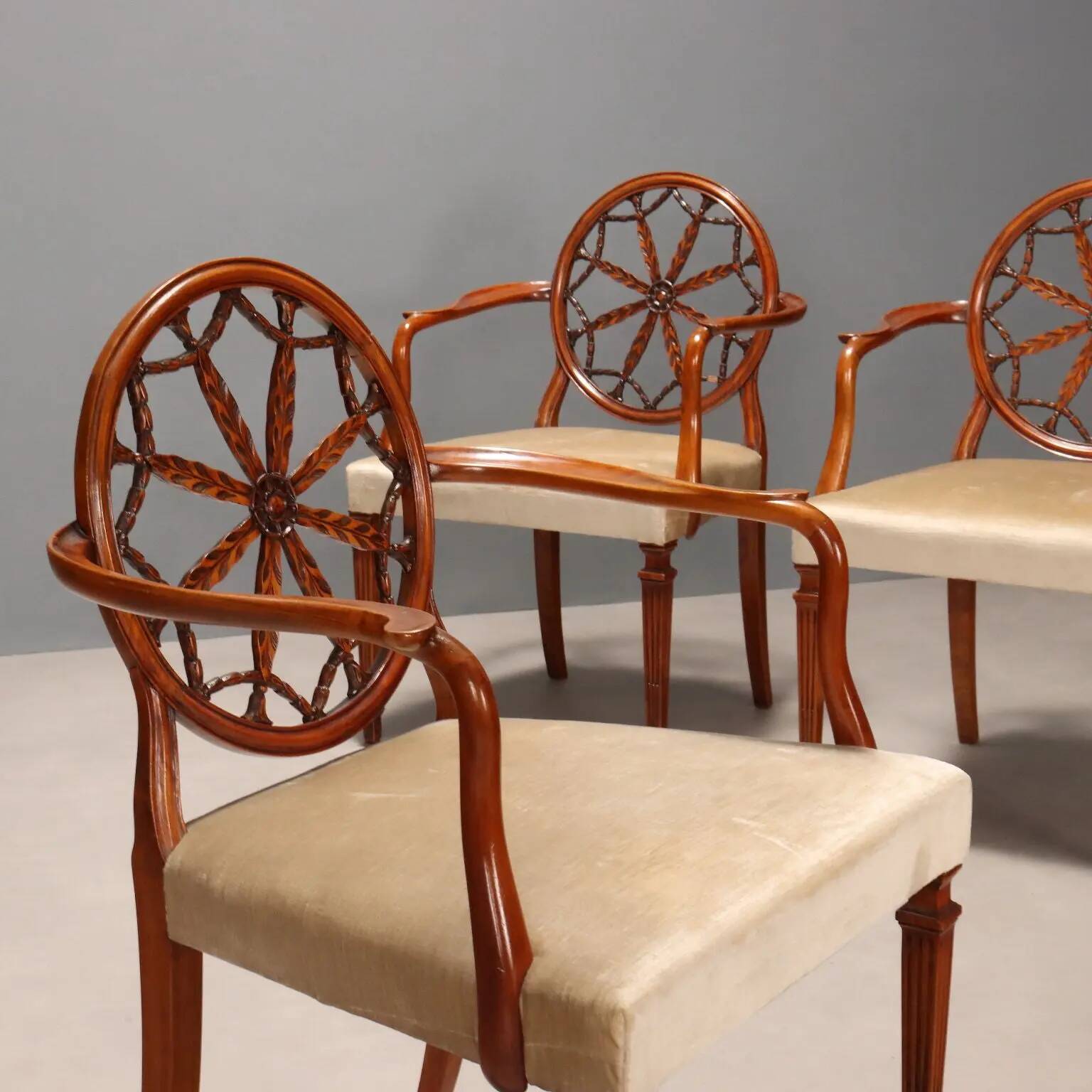 Antique cherry wood and fabric armchairs, United Kingdom, 20th century