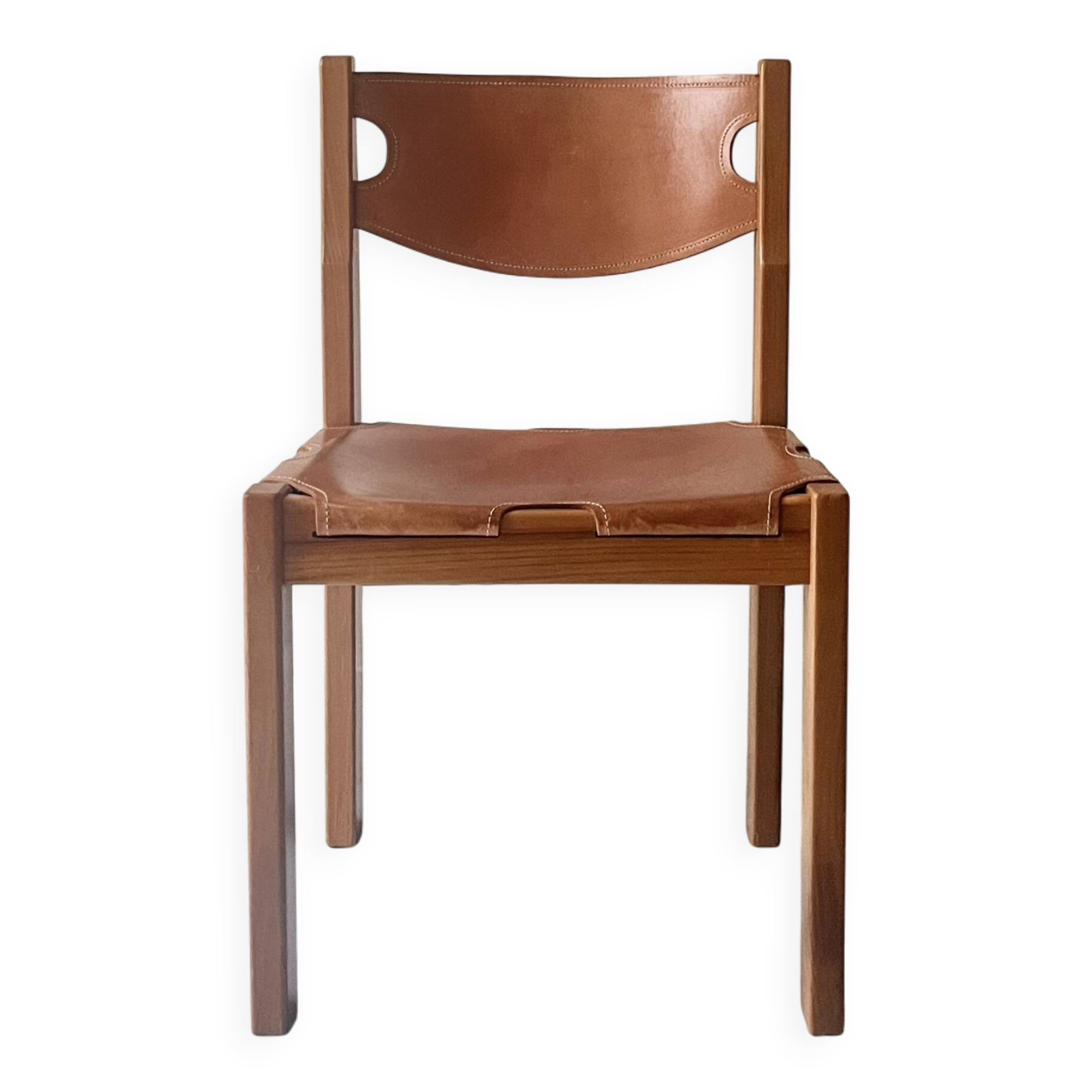 elm wood and camel leather chair Maison Regain, French design 1960
