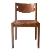 elm wood and camel leather chair Maison Regain, French design 1960