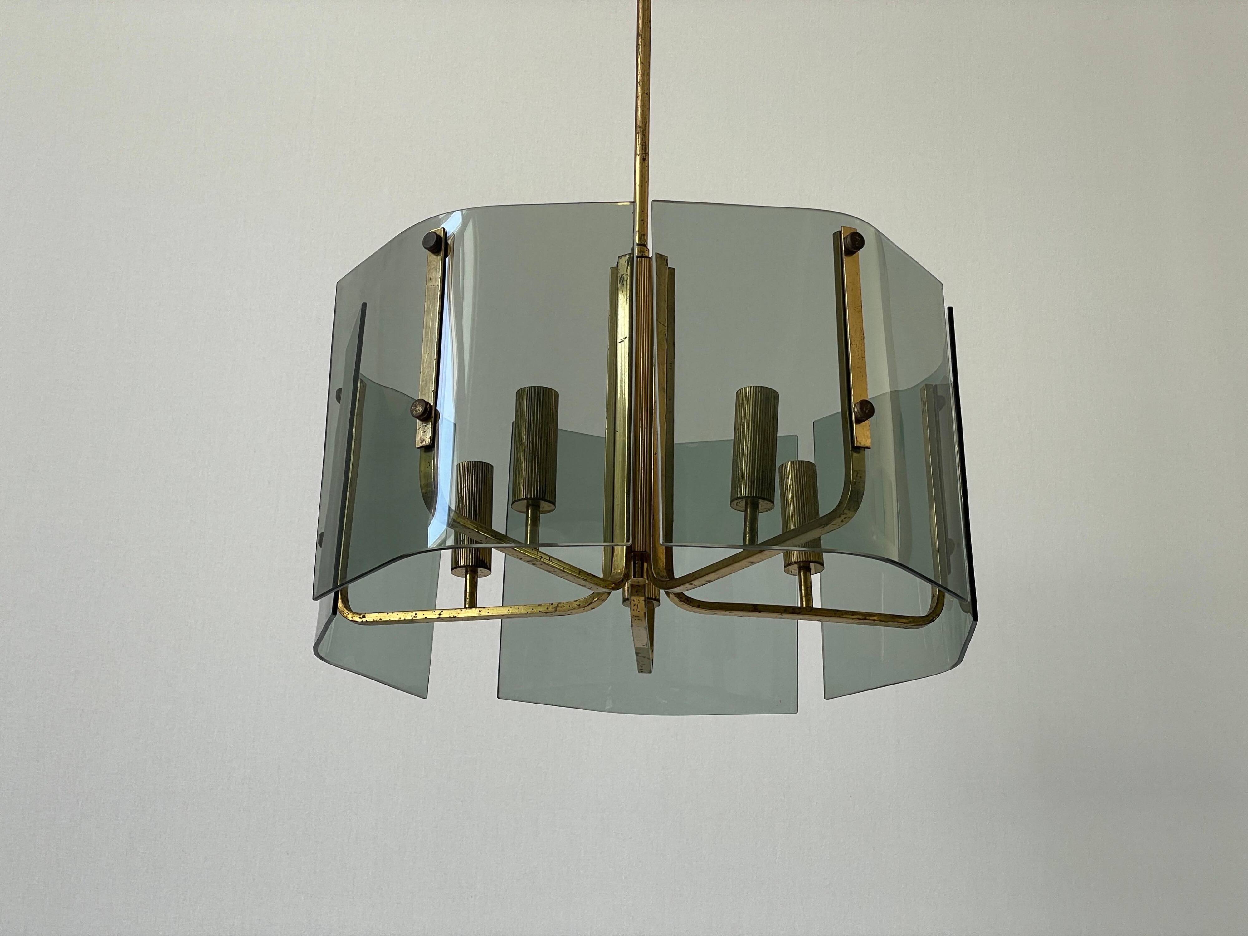 Grey glass chandelier with a brass body, 1960, Italy