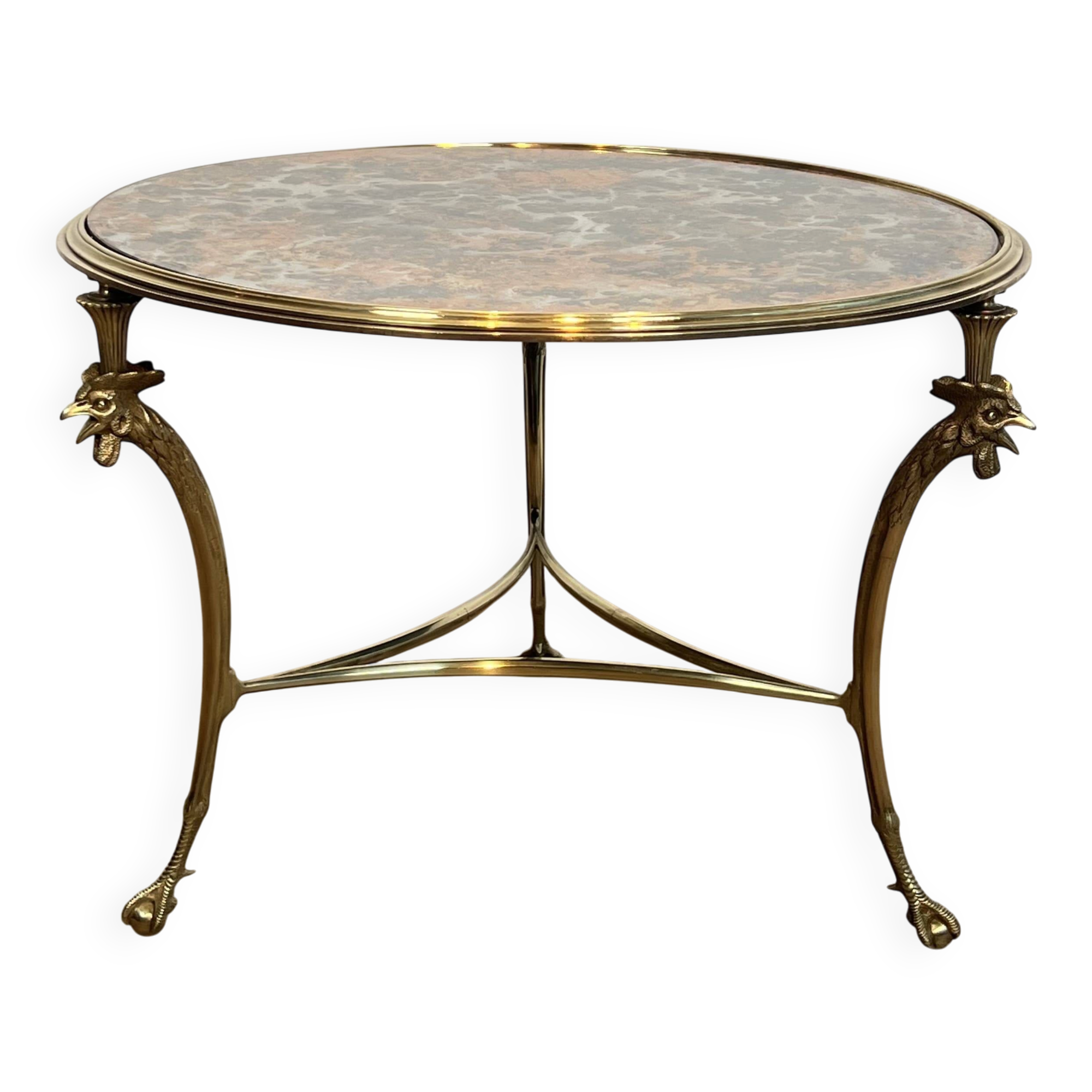 Tripod Circular Coffee Table "Aux Coqs" in Bronze and Églomisé Mirror, May