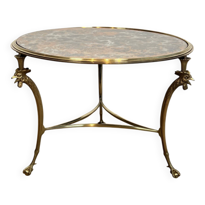 Table Basse Circulaire Tripode ''Aux Coqs'' en Bronze et Miroir Églomisé, Mai