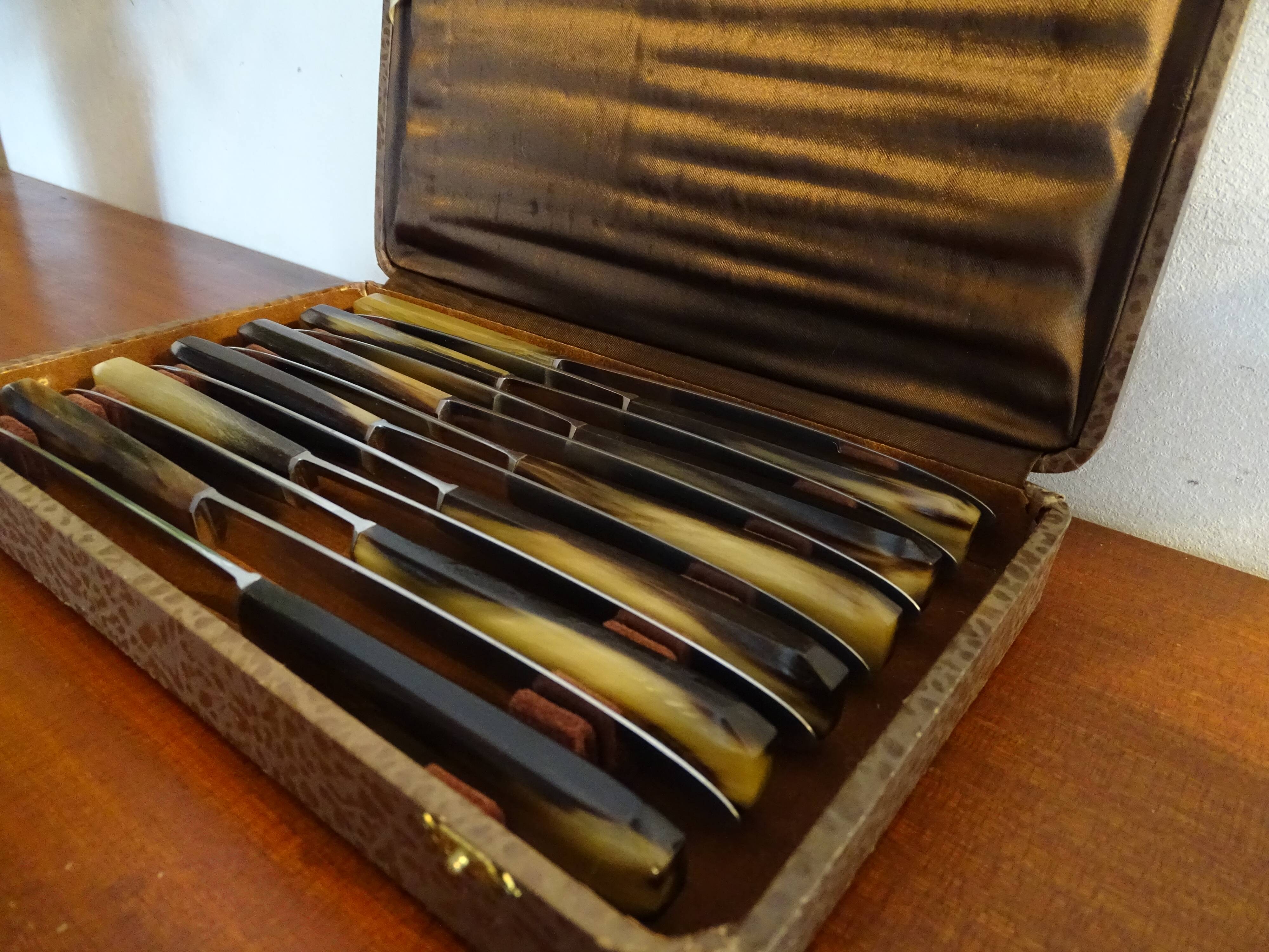 12 antique Art Deco knives 1920 sleeves horns in case