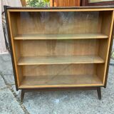 Mid-century brown wooden library (beech & pine) with glass doors from the 1960s.