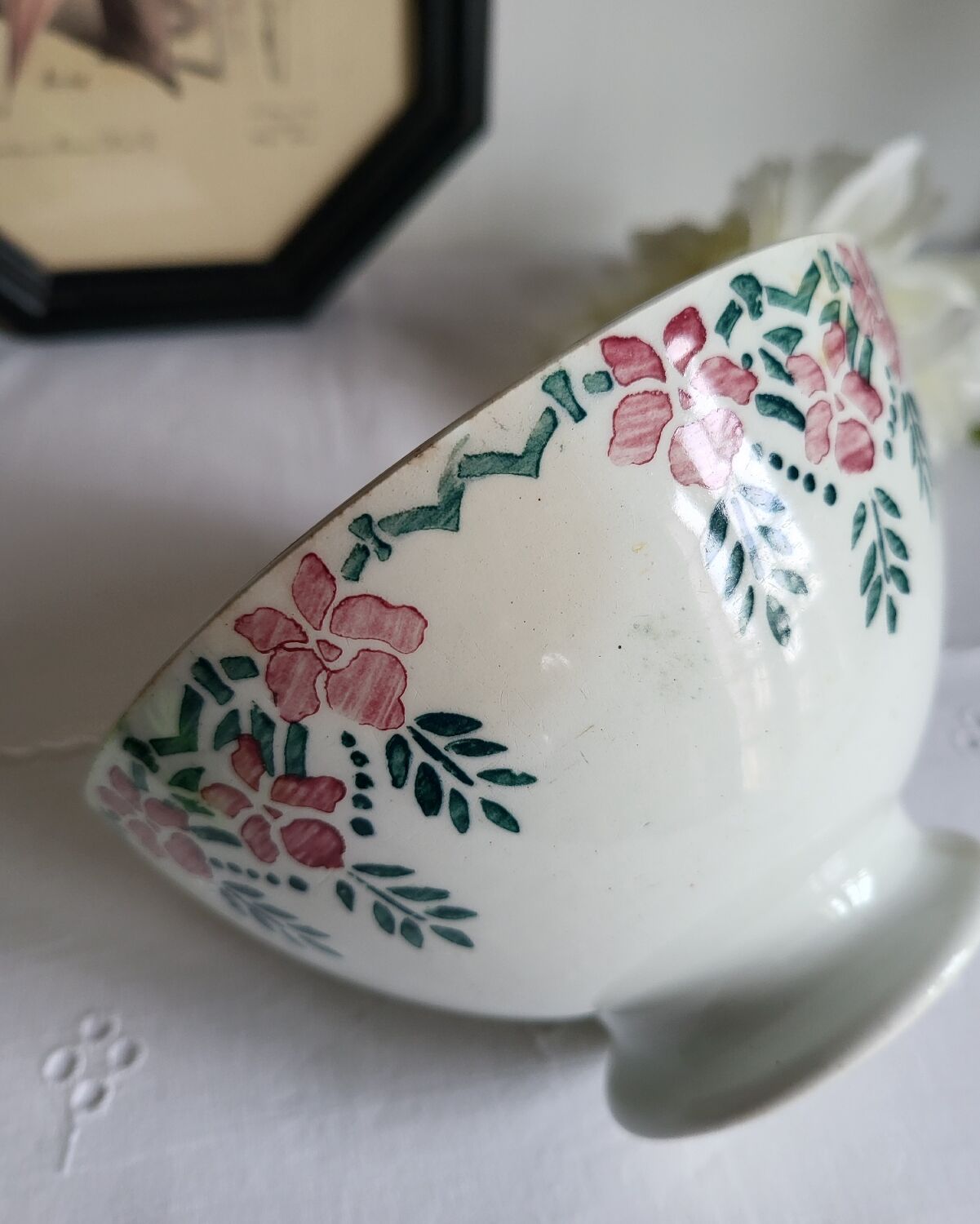 Old Bowl in Earthenware with Flower Decoration Marked underneath M
