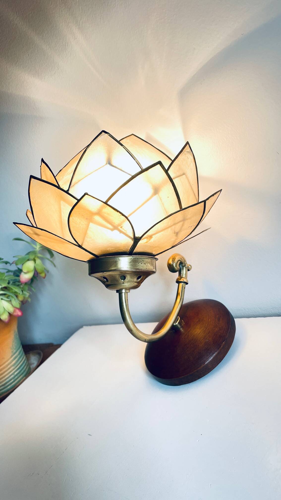 Vintage mother-of-pearl and brass flower wall lamp