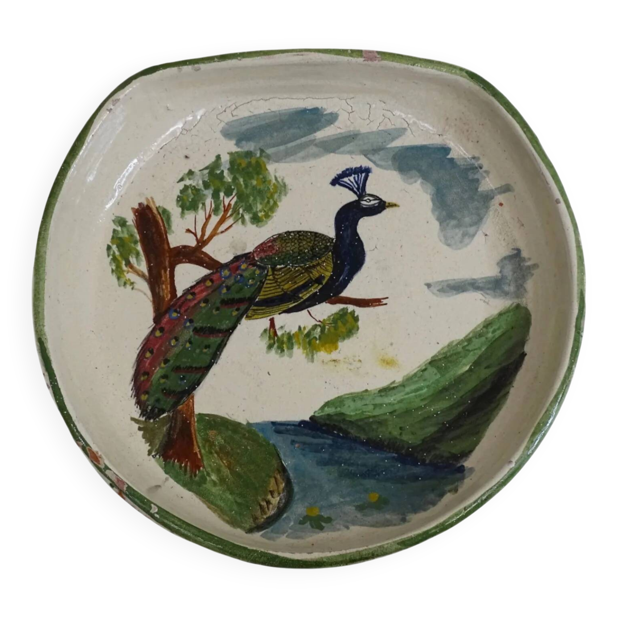 Bol ancien français en terre cuite émaillée à décor de paon