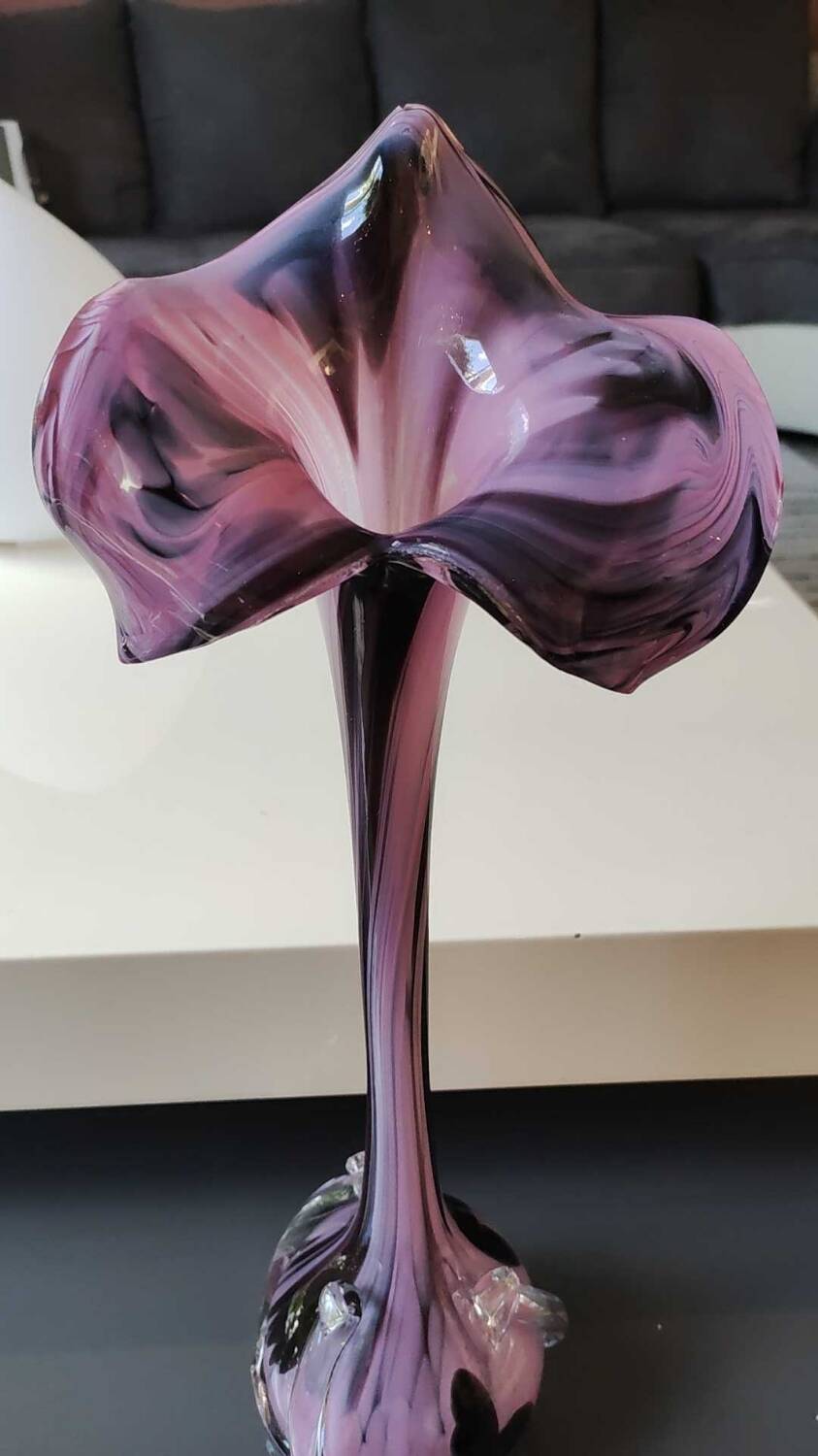 Elegant Large vase, Murano/Italy. Floral/Calla shape collar. Decorated with scrolls/lilac/plum waves. High 43 cm