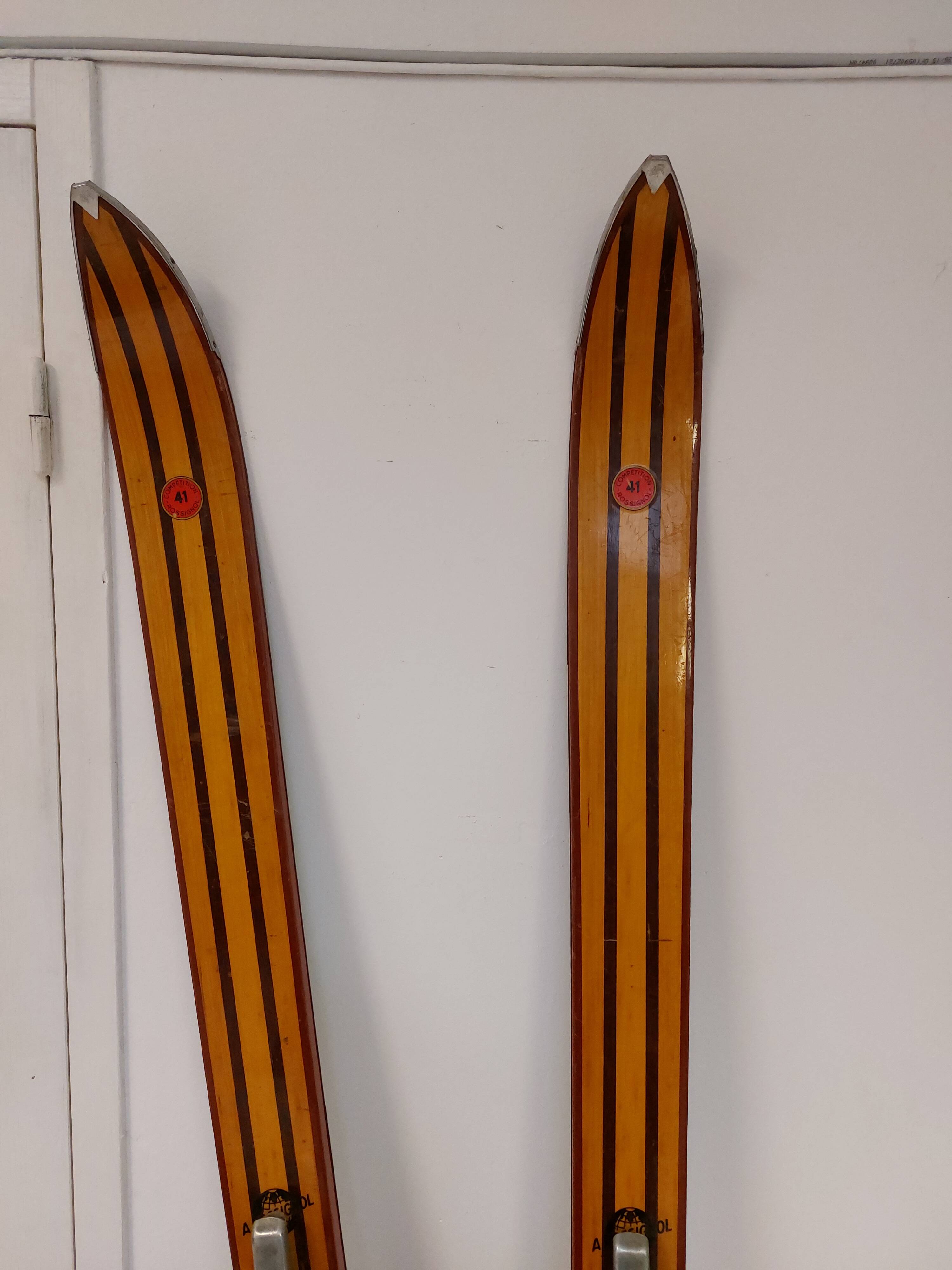 Vintage wooden skis Rossignol Hickory Olympic model 204 cm