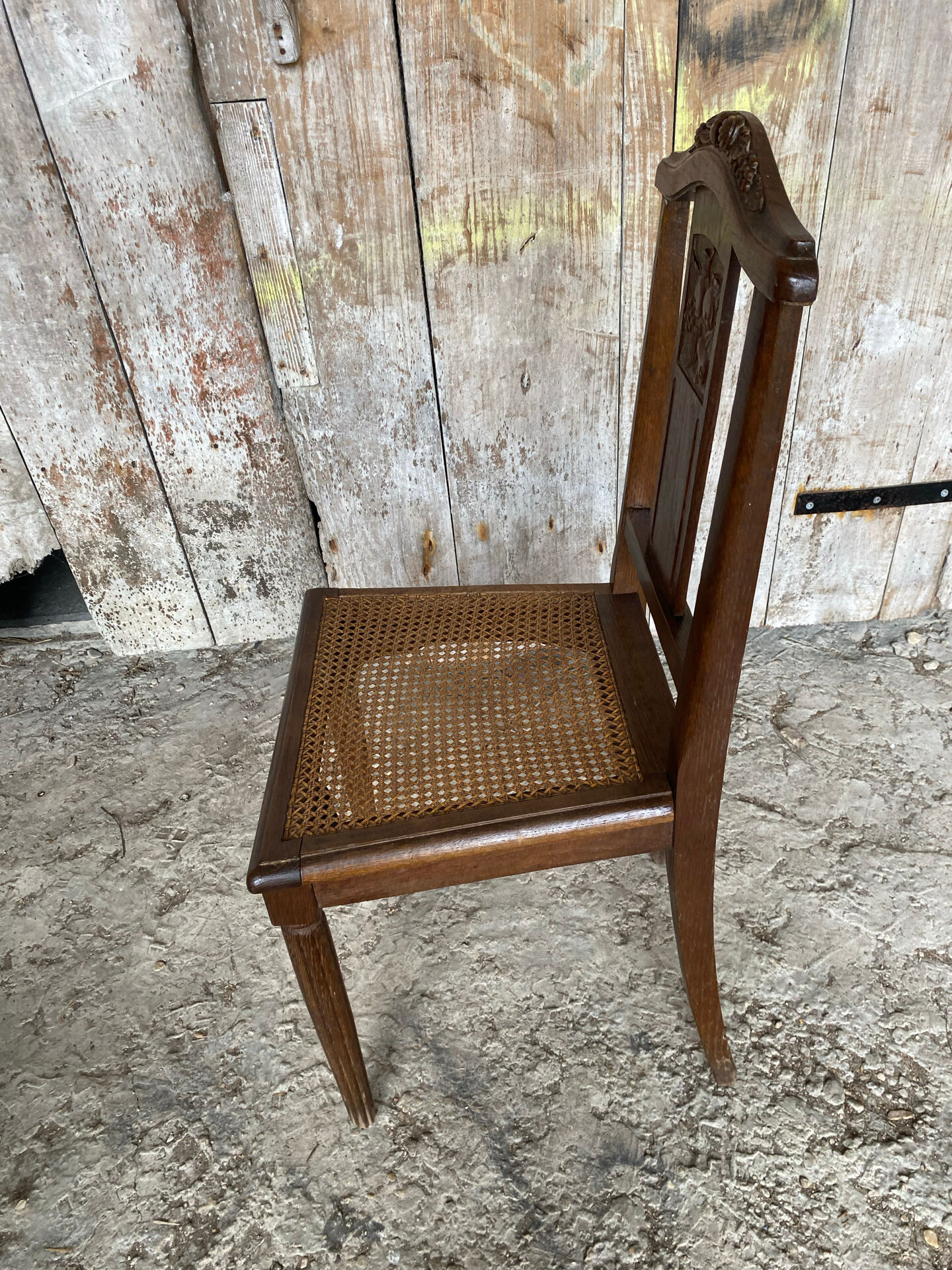 Chaise ancienne art déco bois sculpté & assise cannée vintage #e095
