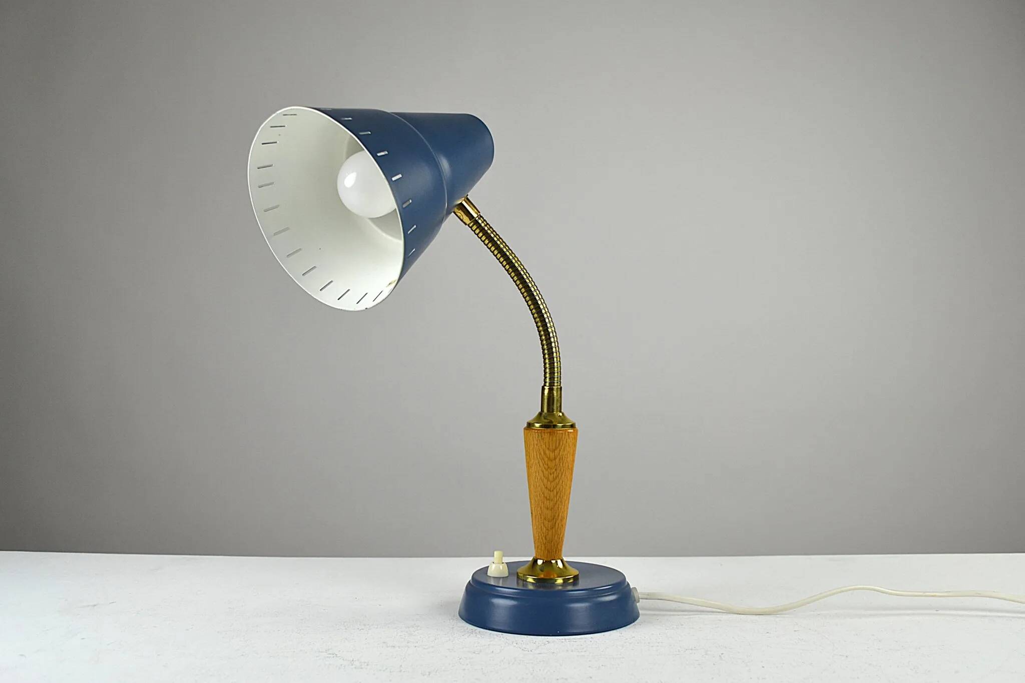 Blue Metal, Brass & Teak Table or Desk Lamp by Ringus, Sweden, 1950s
