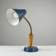 Blue Metal, Brass & Teak Table or Desk Lamp by Ringus, Sweden, 1950s