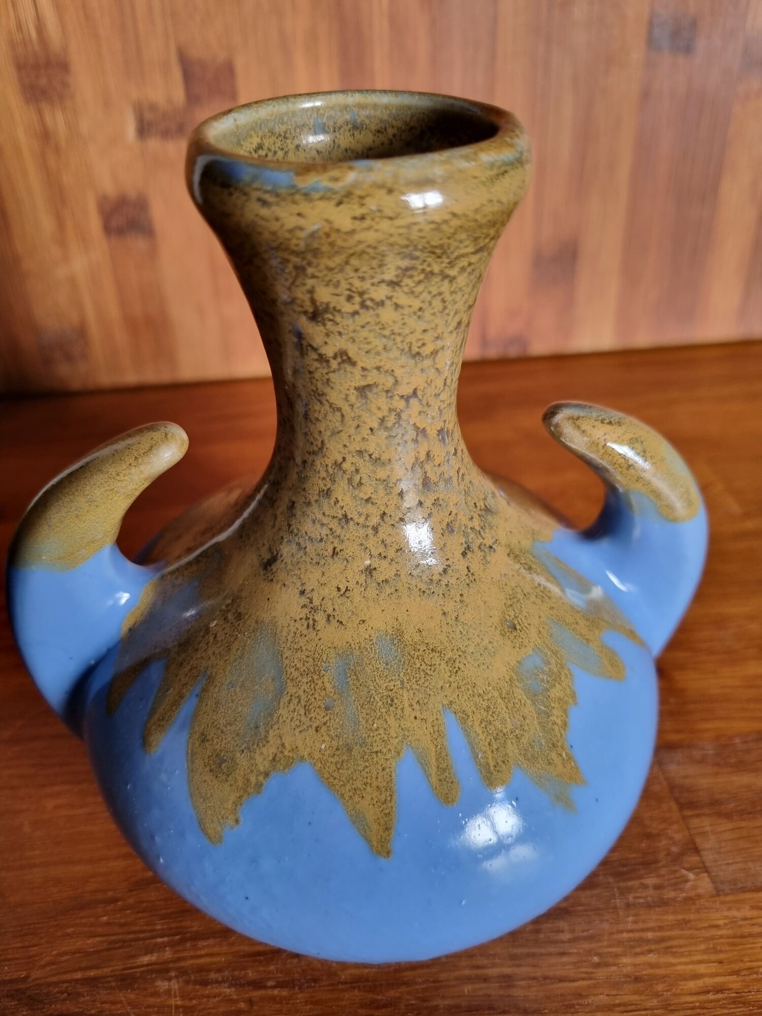 Vintage Alpho vase with beige flame blue ceramic handles
