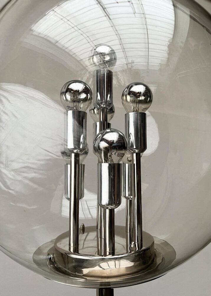 Spherical chrome and glass planetary floor lamp from the mid-century German space age by Doria Leuchten, 1960s.
