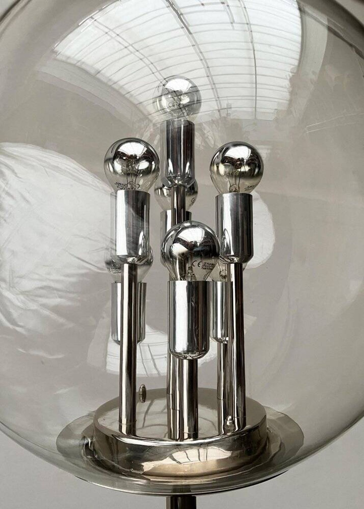 Spherical chrome and glass planetary floor lamp from the mid-century German space age by Doria Leuchten, 1960s.