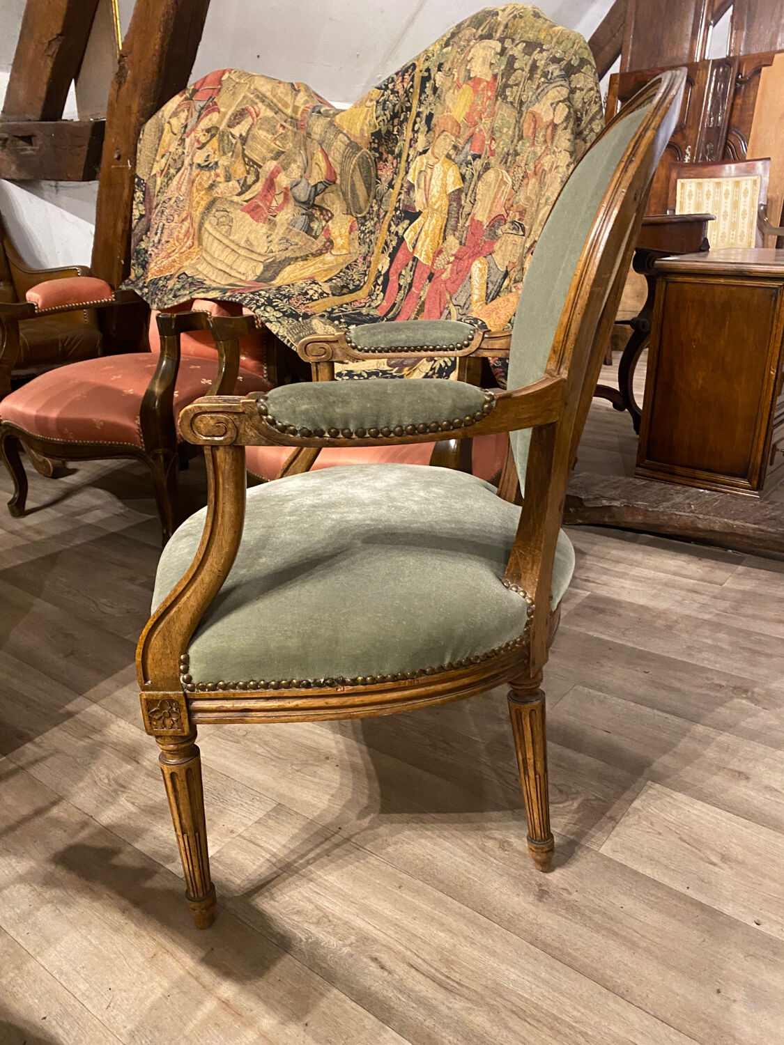 Pair of Louis XVI style medallion armchairs