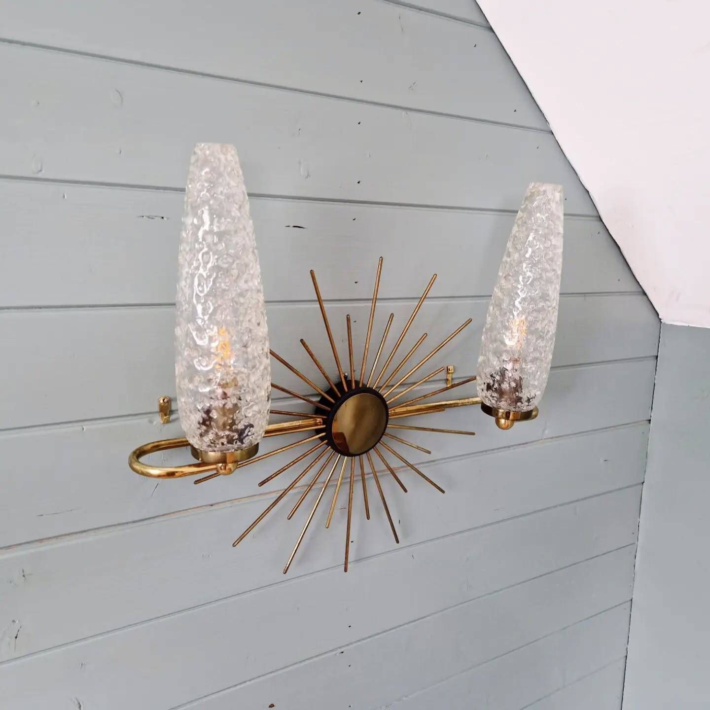 Wall lamp sun in brass and frosted glass (3 available), 1950