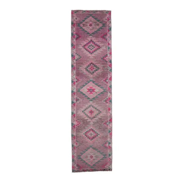 1970s Turkish handmade wool pink diamond runner 82x337