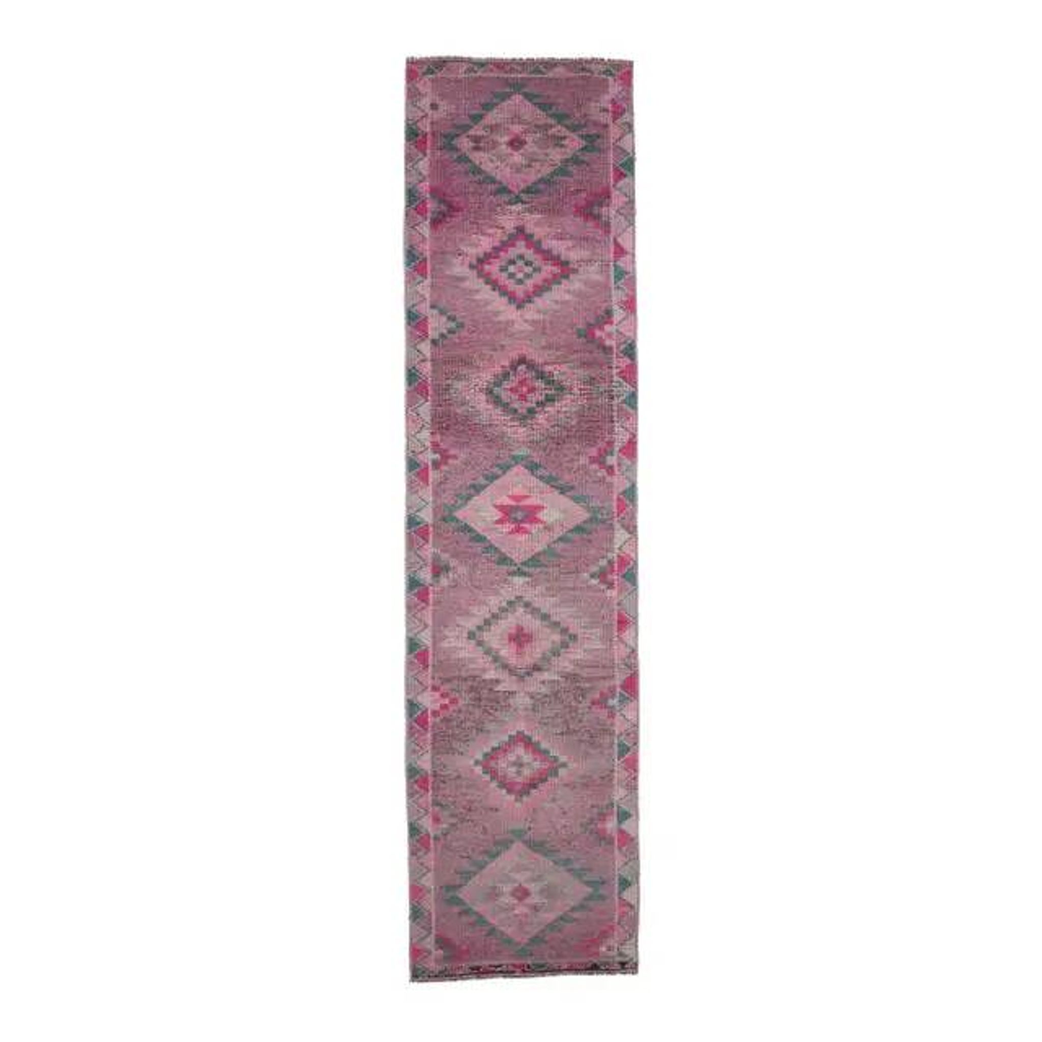 1970s Turkish handmade wool pink diamond runner 82x337