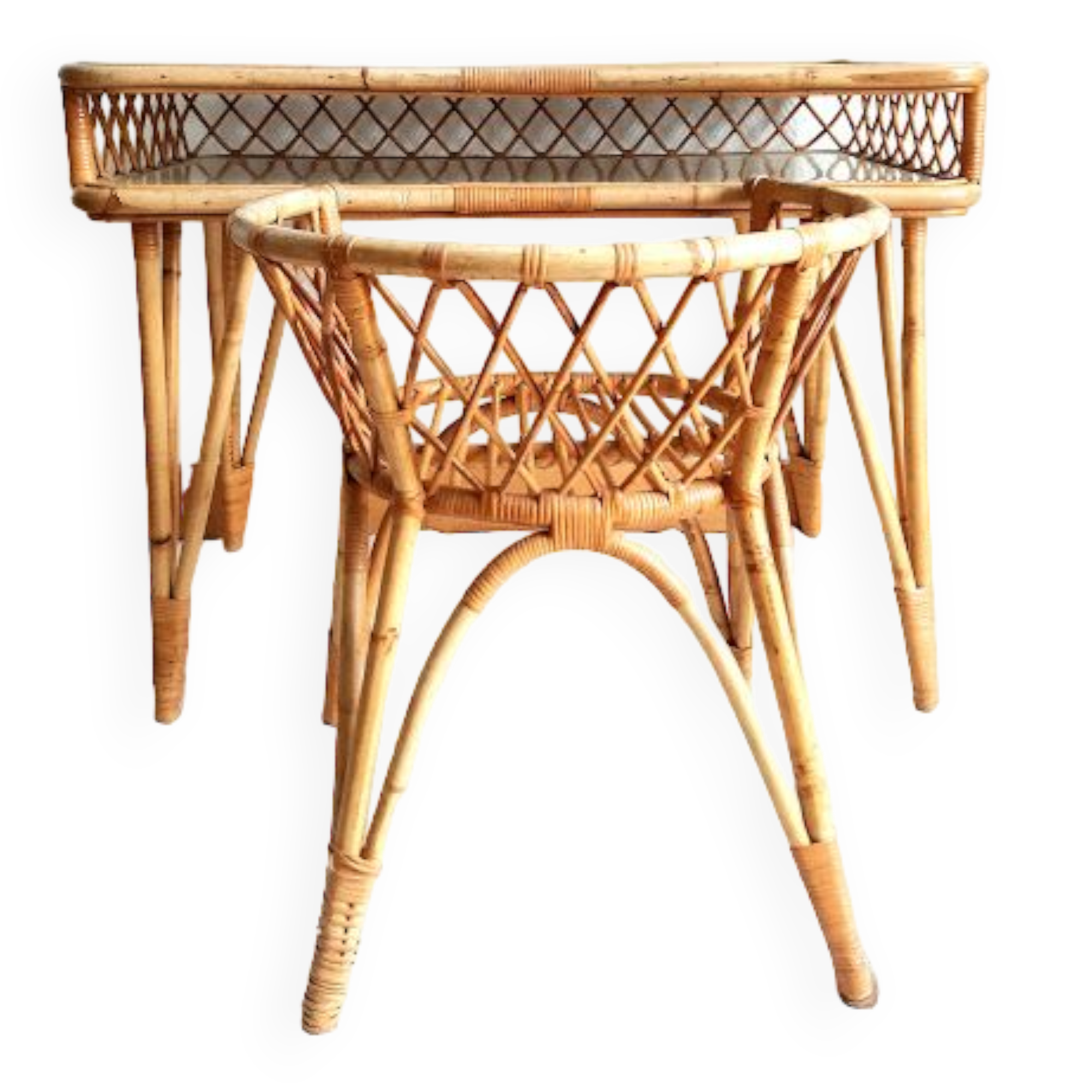 Rattan desk and chair with braces 1960