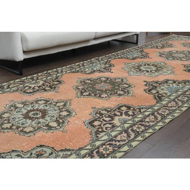 1970s Vintage Turkish Hand-Knotted Wool Cotton Orange Area Rug 138x394