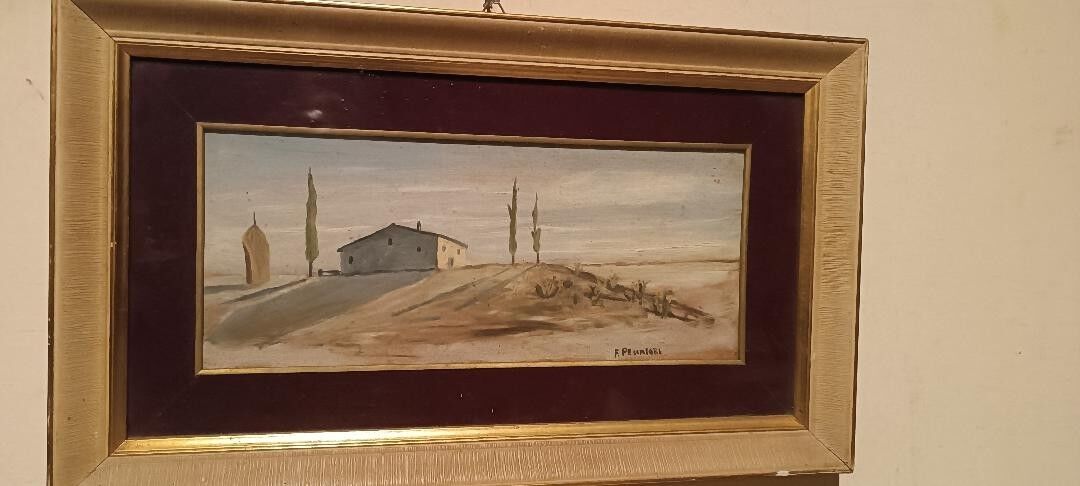 Oil painting on panel, Tuscan countryside landscape, signed