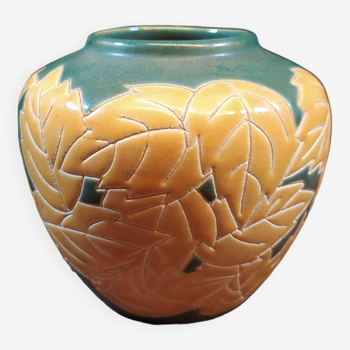 Vase boule en céramique motifs feuilles jaune et vert