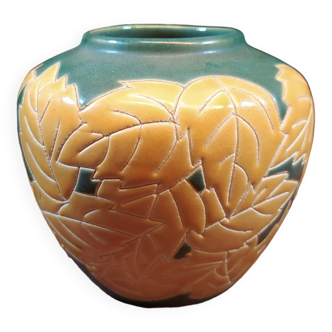 Vase boule en céramique motifs feuilles jaune et vert