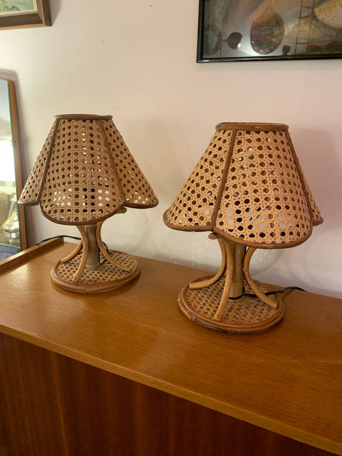 Paire de lampe vintage rotin et cannage