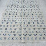 Nomadic Tunisian Berber rug, margoum kilim, ethnic in beige and blue wool.