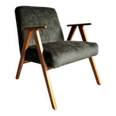 Fauteuil vintage restauré de style mid-century moderne, chaise lounge verte forêt