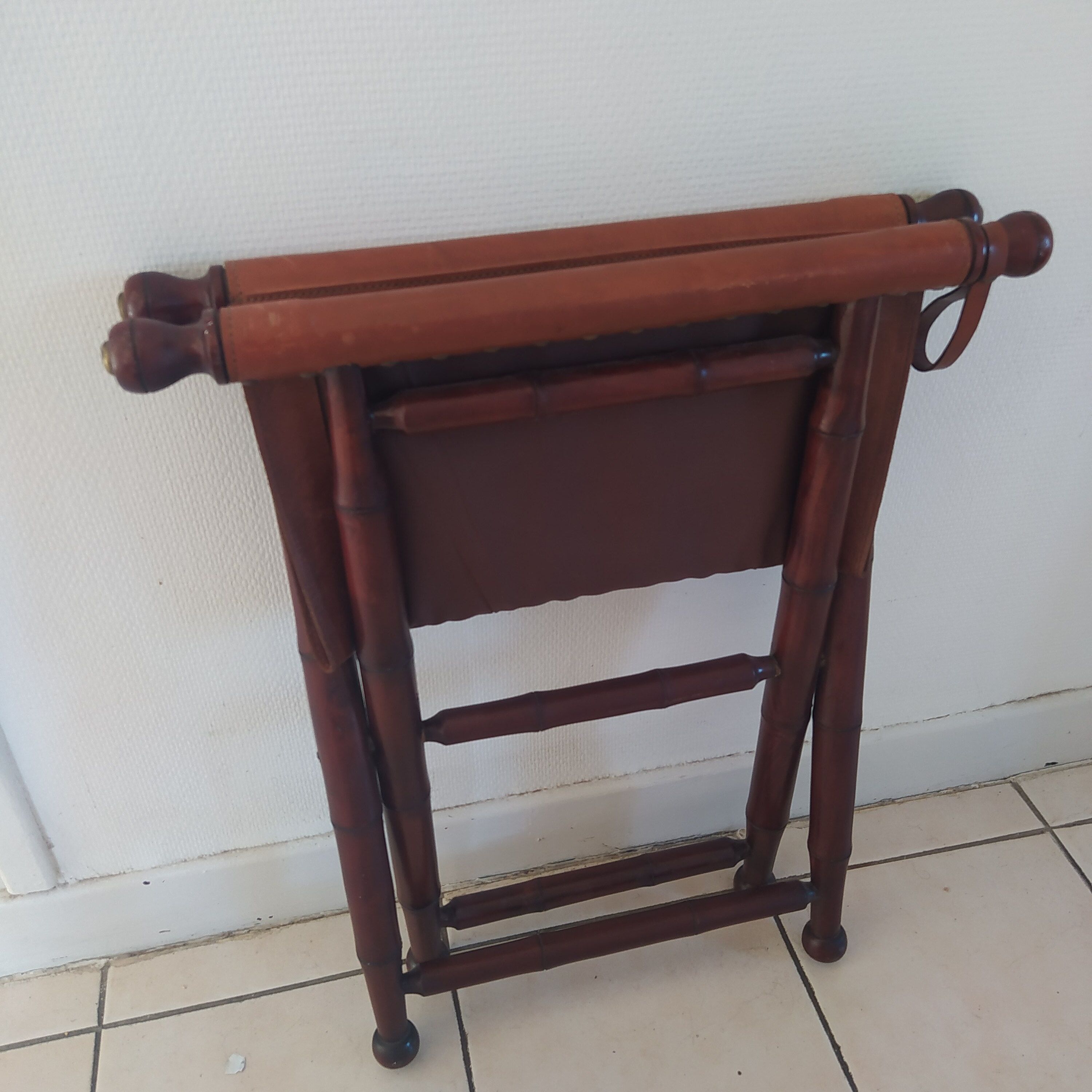 Vintage foldable leather and mahogany stool