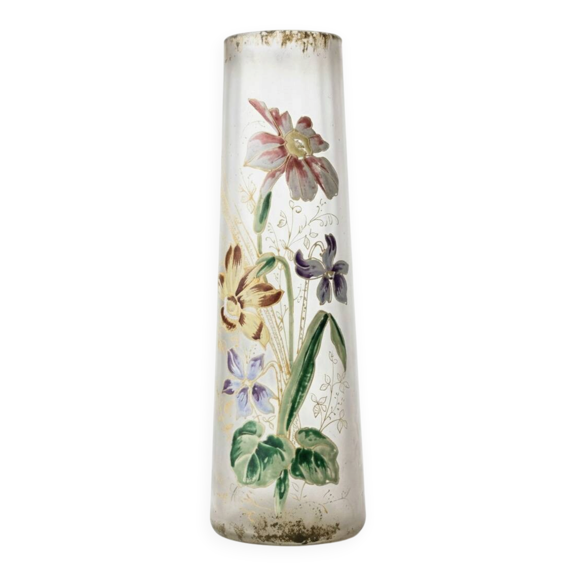 Cylindrical Art Nouveau vase with enamelled decoration of violets.