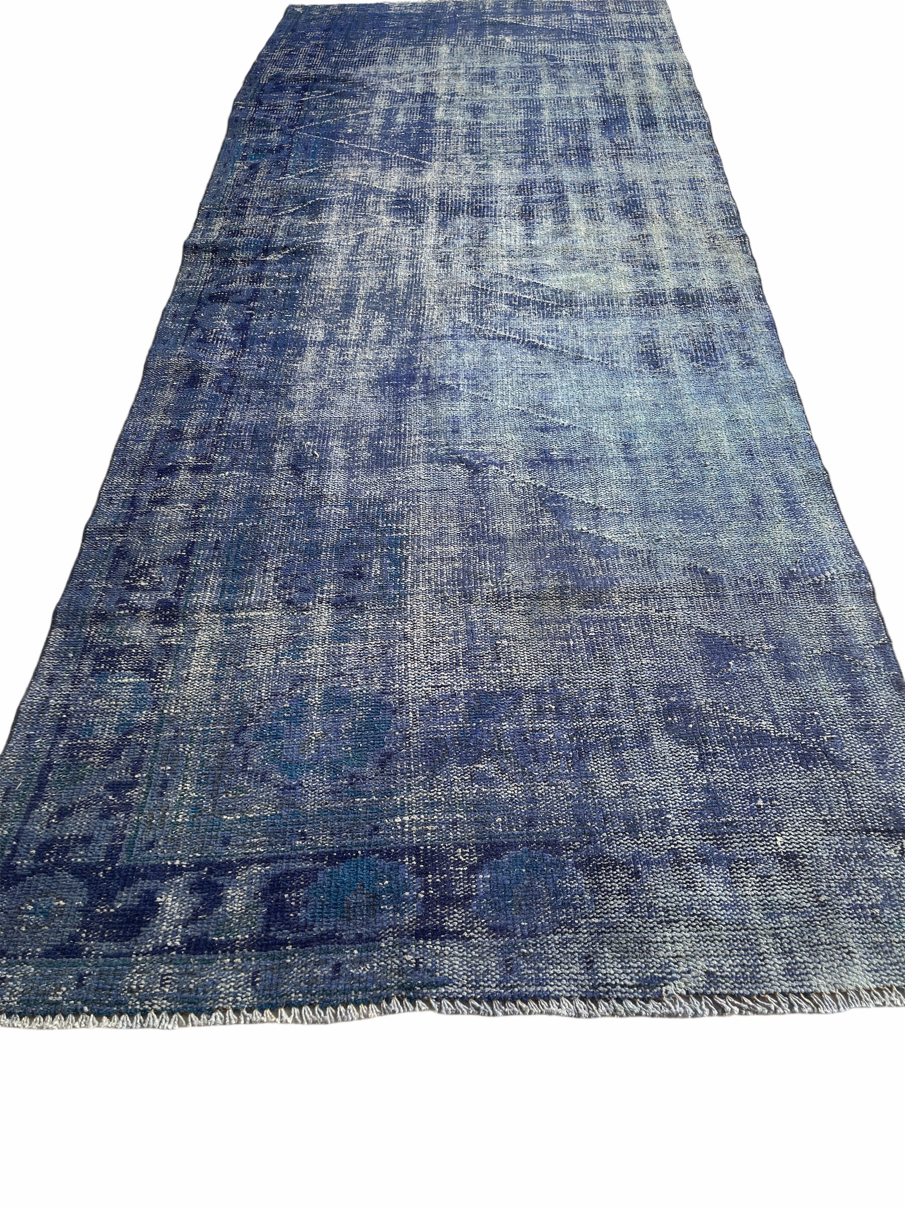 Distressed overdyed turkish rug runner 274 x107 cm vintage wool blue rug runner