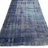 Distressed overdyed turkish rug runner 274 x107 cm vintage wool blue rug runner